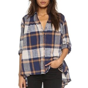 Free People Peppy In Plaid Ruffle Hem Button-Up Hi-Low Oversized Flannel Top